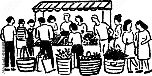 Vibrant market scene with baskets and stalls - hand drawn sketch