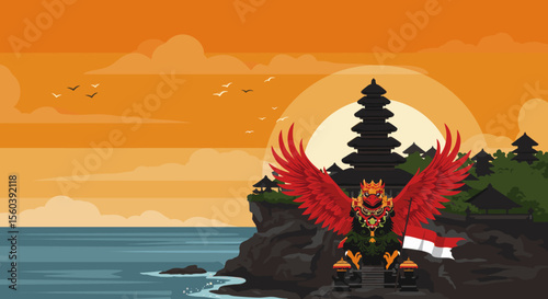 This vector image depicts a stunning sunset at a temple in Bali, with the red bird flying over the ocean while carrying the Indonesian flag. 