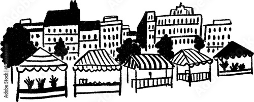 Hand-drawn market square scene with stalls and awnings