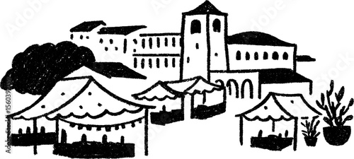 Charming market square scene with stalls and awnings for urban design inspiration