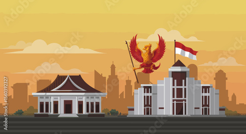 This vector image showcases the Cirebon city skyline with the red bird flying above, proudly holding the Indonesian flag.