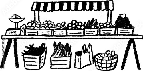 Market stall with produce crates sketch for design art and decoration