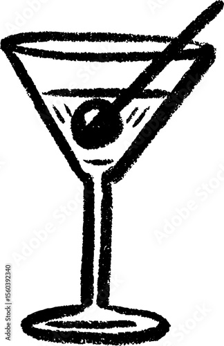 Sketch of martini glass with olive and stirrer for bar menu design