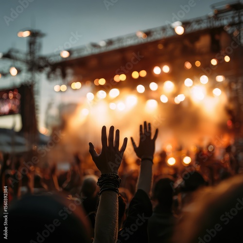 Fans raise their hands and cheer at an outdoor summer concert 