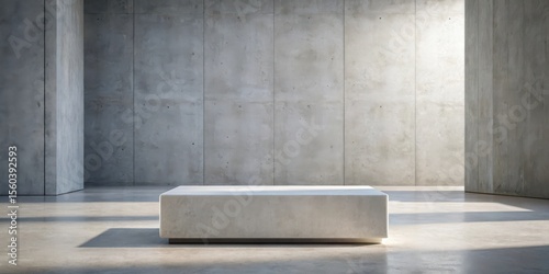 A minimalist concrete room showcasing a simple, light-colored block platform in the center, bathed in soft, natural light