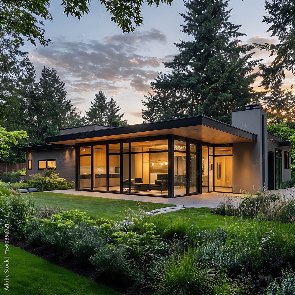 Fototapeta premium Sophisticated luxury villa with open glass front and elegant lighting high resolution picture