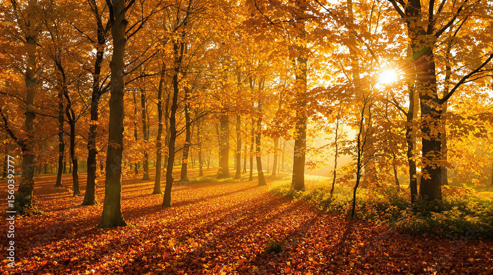 Fototapeta premium Golden autumn sunlight filters through a tranquil forest.