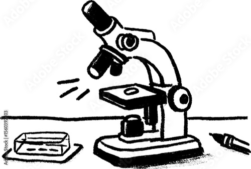 Scientific exploration microscope sketch on lab table for educational design