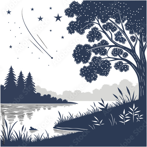 Illustration of a night landscape with a lake, trees, stars, and a shooting star in a monochrome style