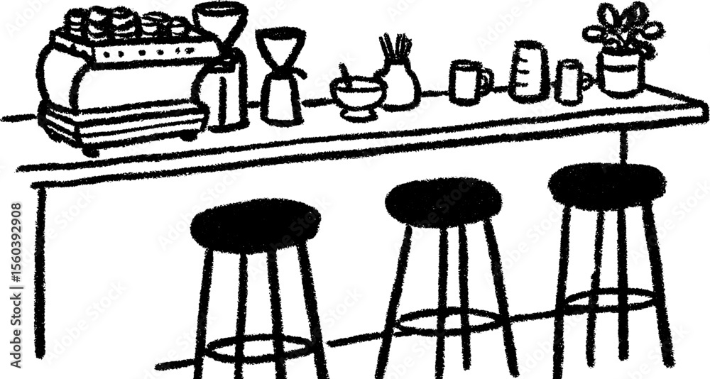 Fototapeta premium Minimalist espresso bar sketch with stool design for café interior inspiration