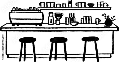 Minimalist espresso bar sketch with high stools for cafe design concepts