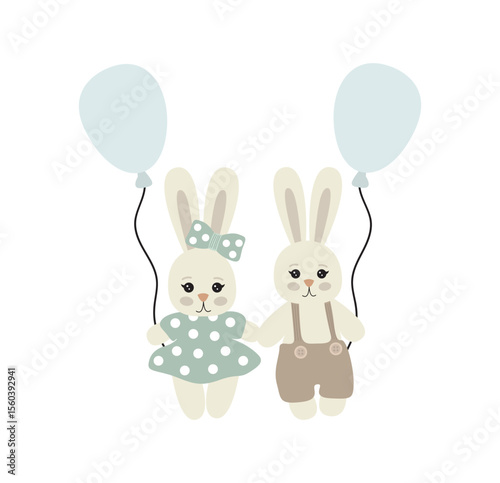 Illustration of cute bunnies with balls on a white background.