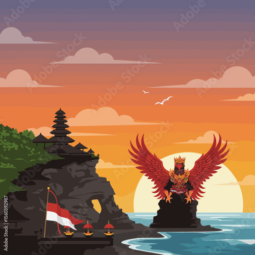 This vector image depicts a stunning sunset at a temple in Bali, with the red bird flying over the ocean while carrying the Indonesian flag. 