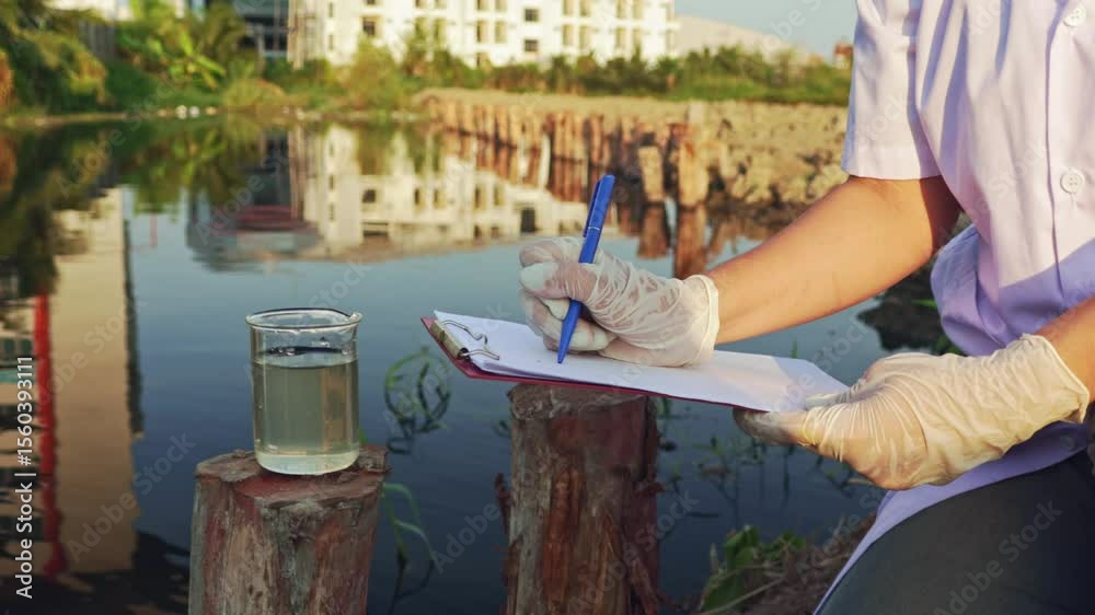Female environmental researcher checks water conditions randomly ...