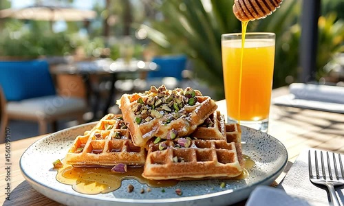 Delicious Waffles with Honey and Pistachios served at a Sunny Brunch Spot