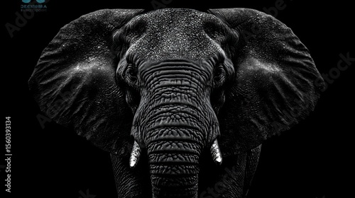 Powerful elephant head, black and white, close-up, against a black background. Detailed skin texture, large ears, tusks visible