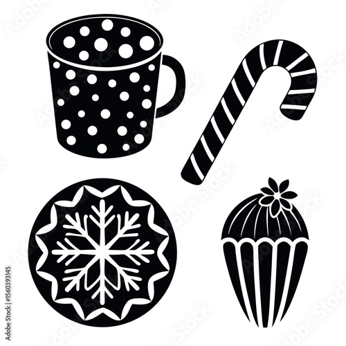 Collection of festive holiday icons including a mug candy cane snowflake and cupcake isolated on white background