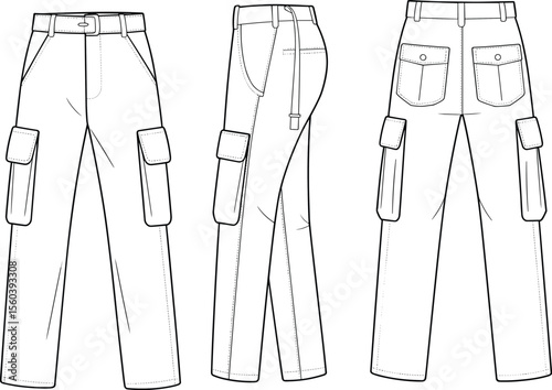 CAD drawing flat vector illustration of cargo pants, front, side, back views, technical sketch layout, fashion blueprint, pocket detail, garment design, stylish apparel concept