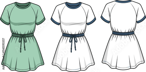 CAD drawing flat vector illustration of casual dresses, short sleeve design, round neckline, drawstring waist, front views, trendy summer fashion, comfortable garment layout, stylish clothing