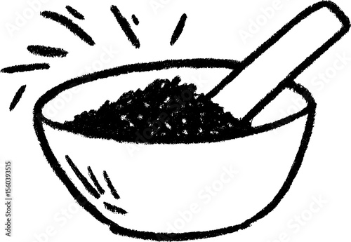Hand drawn sketch of mortar and pestle with spices for culinary design
