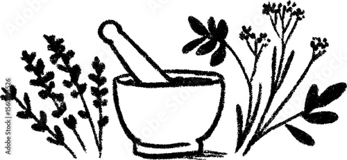 Rustic sketch of mortar and pestle with dried herbs for herbal apothecary design