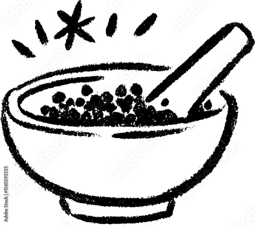 Hand drawn sketch of mortar and pestle with spice for culinary design