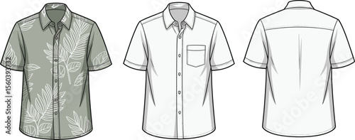 CAD drawing flat vector illustration of short sleeve button-up shirts, front and back views, leaf pattern design, pocket detail, garment sketch template, fashion apparel layout
