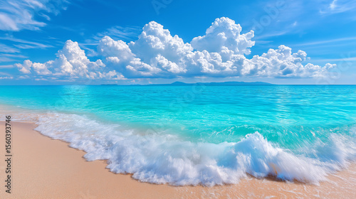 A vibrant and idyllic beach landscape: the crystal-clear turquoise waters of the sea gently lap against a shore of fine, pale sand, sky is puffy white clouds,tropical sun, Thailand. 