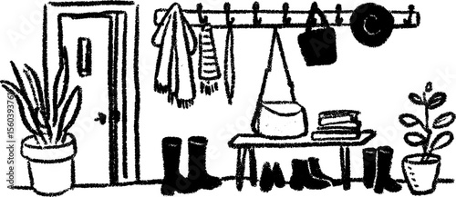Hand drawn mudroom sketch with boot storage and hooks for interior inspiration