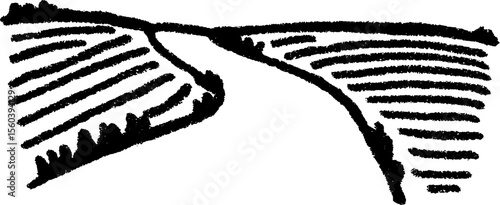 Rural landscape sketch of narrow dirt road between ploughed fields
