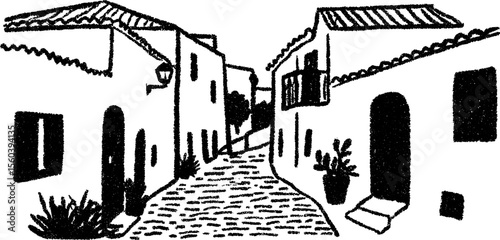 Charming narrow cobblestone street sketch with buildings and windows