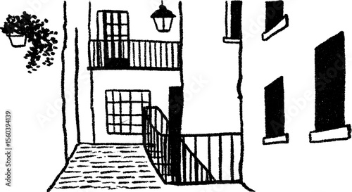 Charming sketch of a narrow cobblestone street with windows and balconies