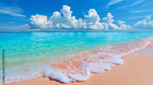 A vibrant and idyllic beach landscape: the crystal-clear turquoise waters of the sea gently lap against a shore of fine, pale sand, sky is puffy white clouds,tropical sun, Thailand. 