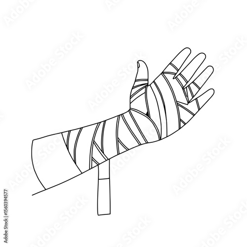 Injured Arm: A close-up monochromatic depiction of an arm entirely swathed in bandages, evoking a sense of vulnerability.