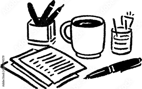 Creative sketch of nonprofit worker's desk featuring documents, pen, and coffee mug