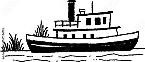 Hand-drawn sketch of paddle boat and dock scene for nautical design