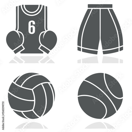 Collection of sportswear and balls icons isolated on white background