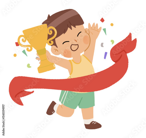 Pastel Cartoon, a victory boy with trophy clipart set for vector, graphic or sticker