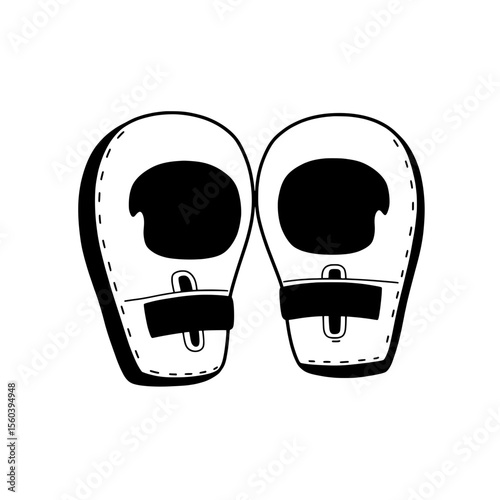 Punching Mitts Illustration:  Monochrome illustration of boxing training equipment, showcasing a pair of punching mitts, a staple in combat sports, ideal for focused practice and honing skills.