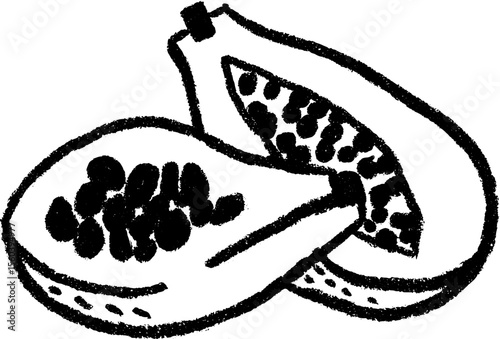 Hand drawn papaya sketch with one half scooped and seeds for creative food design