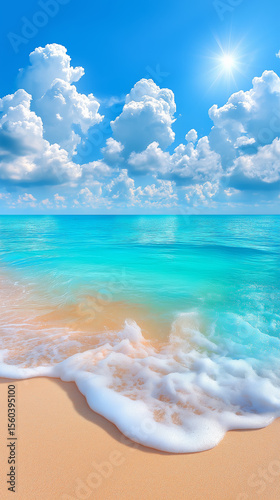 A vibrant and idyllic beach landscape: the crystal-clear turquoise waters of the sea gently lap against a shore of fine, pale sand, sky is puffy white clouds,tropical sun, Thailand. 
