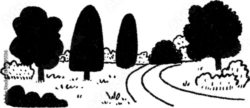 Tranquil park garden with trimmed hedges and pathway sketch