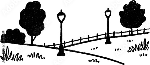 Hand drawn park scene with lamp posts and fences – ideal for nature themed designs