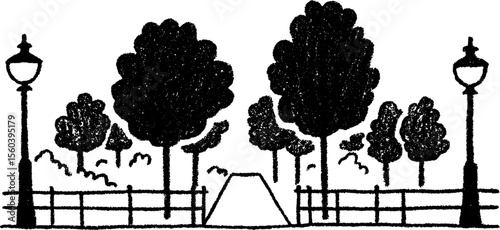 Tranquil park scene with lamp posts and fences in scribble style