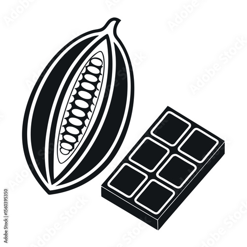 Cacao pod and chocolate bar illustration isolated on white background