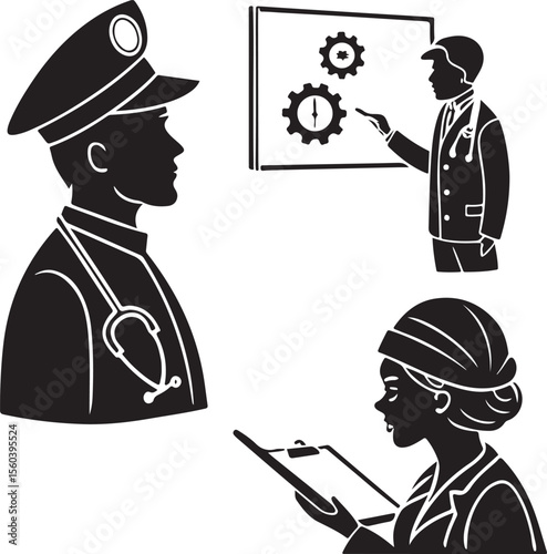 Silhouetted professionals doctors policemen and inspectors with medical and law enforcement themes