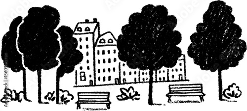 Urban landscape sketch with trees and benches in pedestrian zone