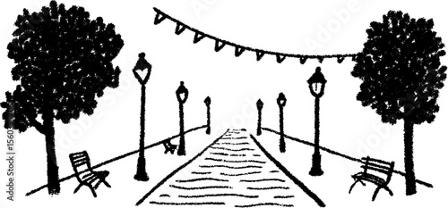 Artistic sketch of a pedestrian street with lamp posts and trees for design inspiration
