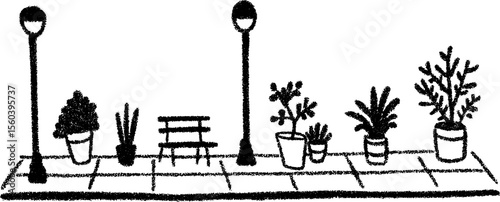 Charming pedestrian street sketch with lamps and potted plants design for urban decor