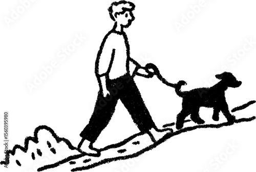 Autumn stroll: person walking dog on leaf-laden path in sketch style